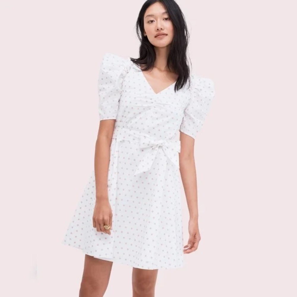 Kate Spade BNWT Dot Cotton mini dress NO BELT short sleeve White Pink Polka - Picture 2 of 15